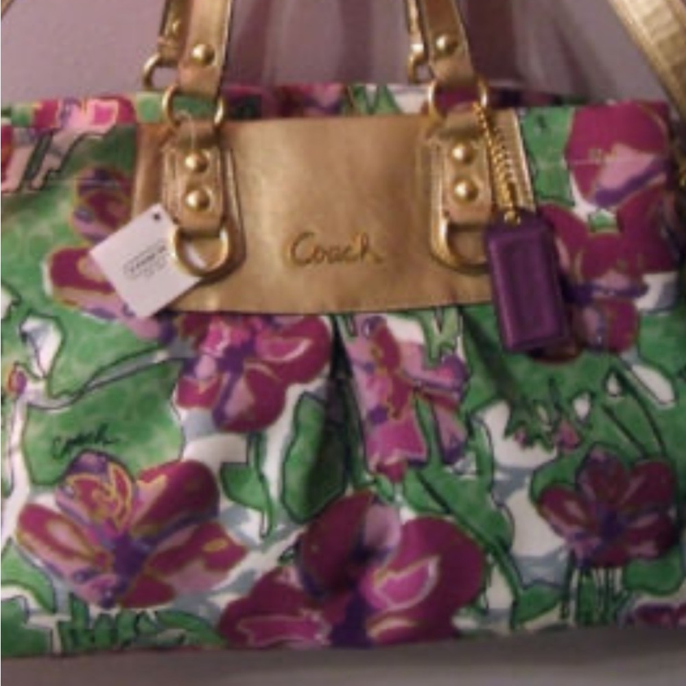 Coach Ashley 2011 Pink & Green Floral Canvas Tote with Gold Leather Accents - Picture 6 of 14